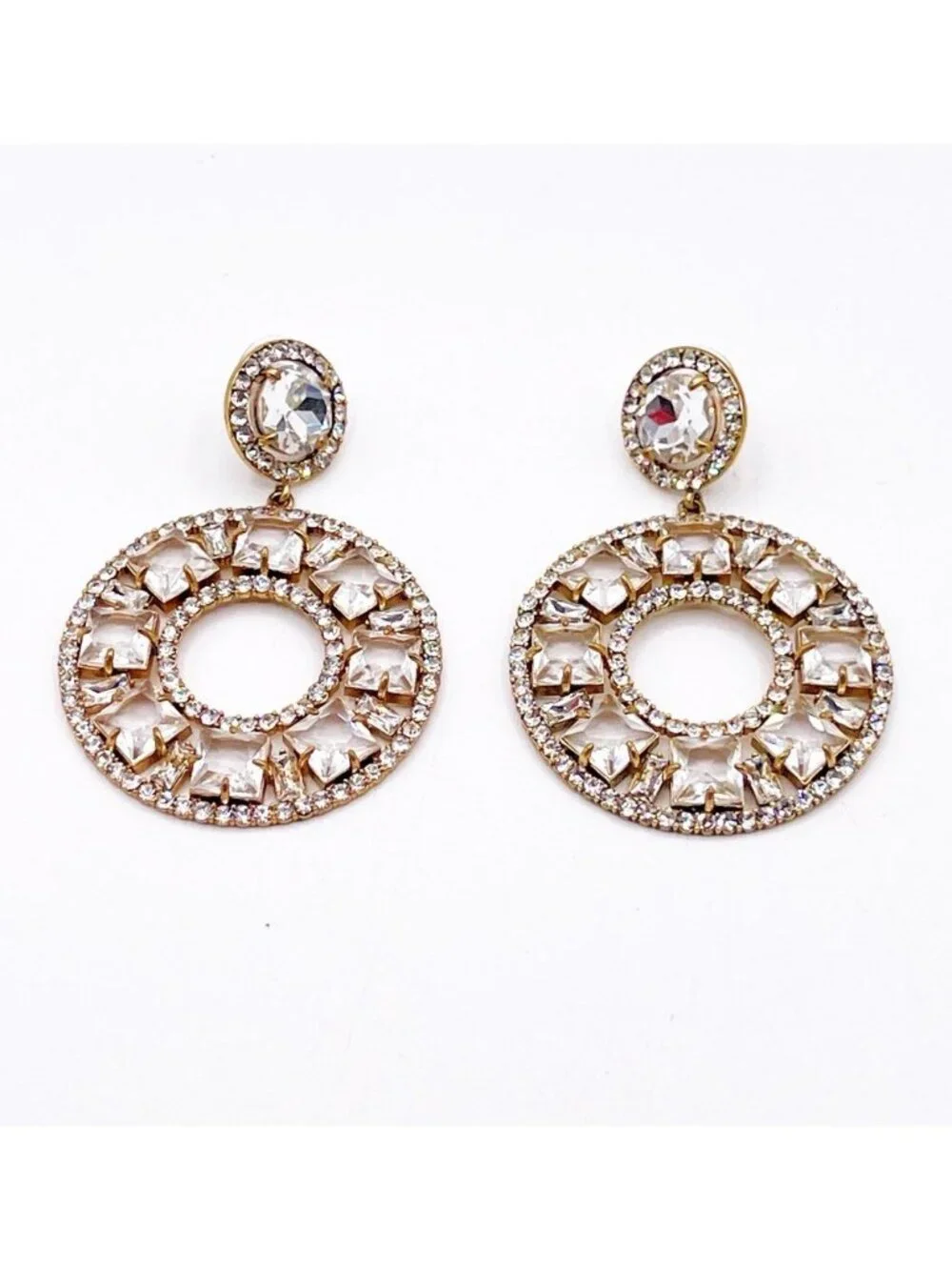 J.Crew Crystal Halo Dangle/Drop Earrings Gold Tone Rhinestone Statement Glam